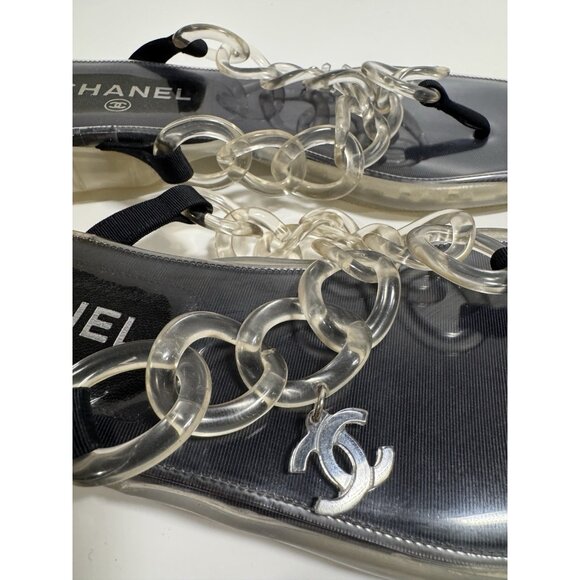 Chanel Size 39/ 8 Clear Jelly Sandals CC Chain Flip Flops - Picture 11 of 11